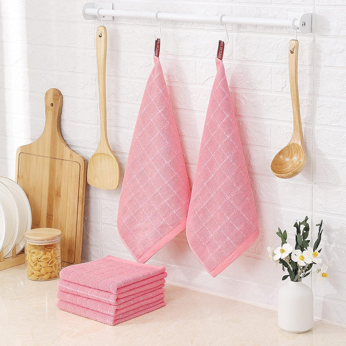Homaxy 100% Cotton Terry Kitchen Dish Cloths, Ultra Soft and Absorbent Dish Towels for Kitchen, Suitable for Drying and Washing Dishes, 6 Pack, 12 x 12 Inches, Pink