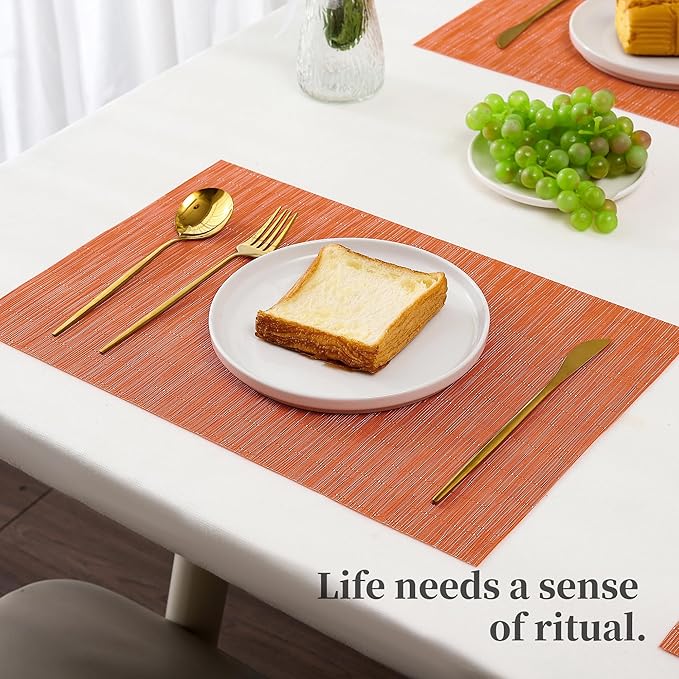 Leetaltree Orange Placemats Set of 4 - Heat Resistant Non-Slip Place mats for Dining Table, Washable Durable PVC Vinyl Woven Table Mats（Orange, 4）