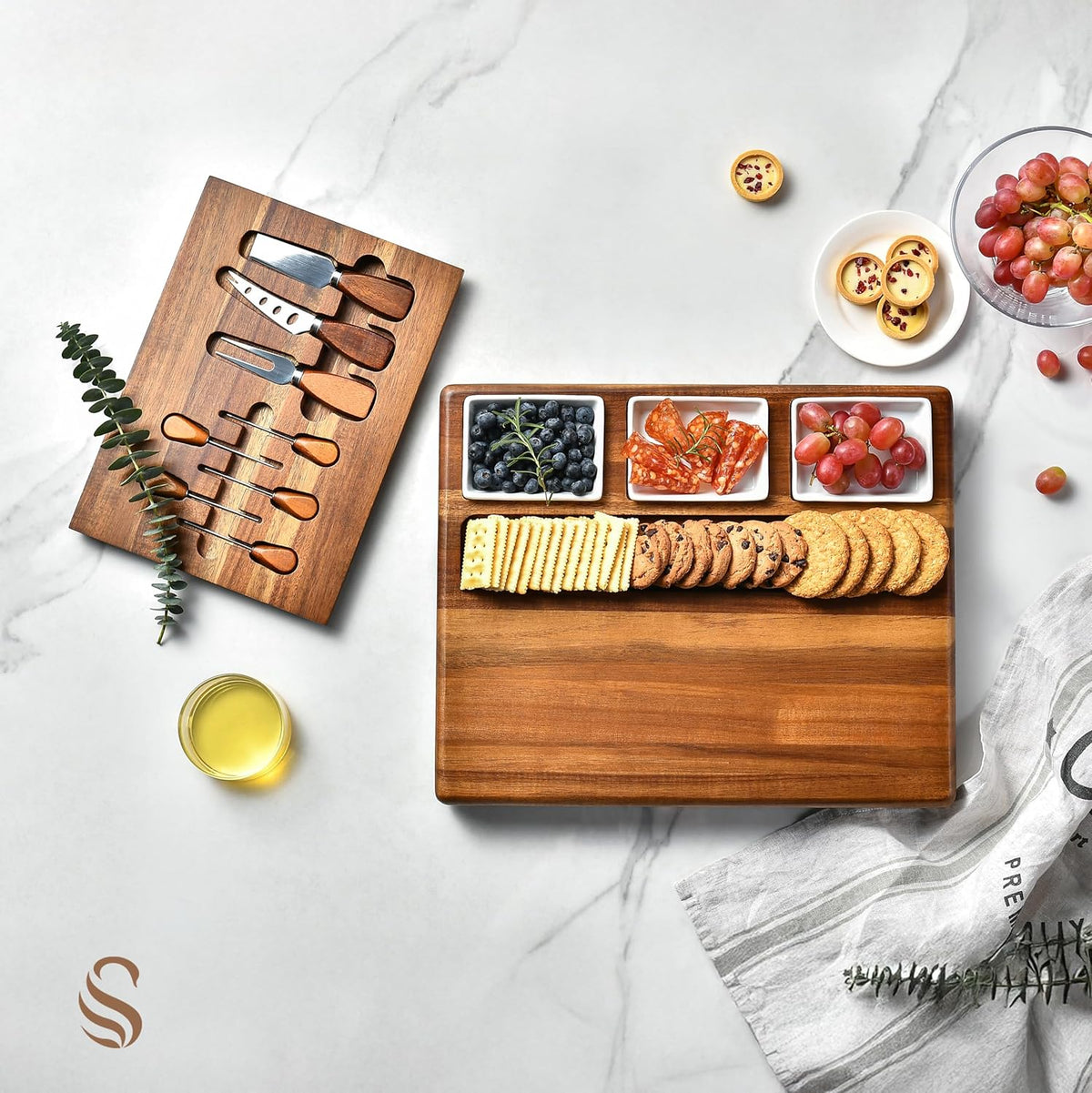 Shanik Large Acacia Wood Charcuterie Board Set with 3 Removable Ceramic Bowls & Serving Utensils - Housewarming, Wedding, Bridal Shower, Home and Kitchen, New Home Gift Ideas for Women, Gifts for Her