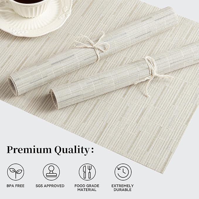 Leetaltree Pale Beige Placemats Set of 4 - Heat Resistant Non-Slip Place mats for Dining Table, Washable Durable PVC Vinyl Woven Table Mats（Pale Beige, 4）
