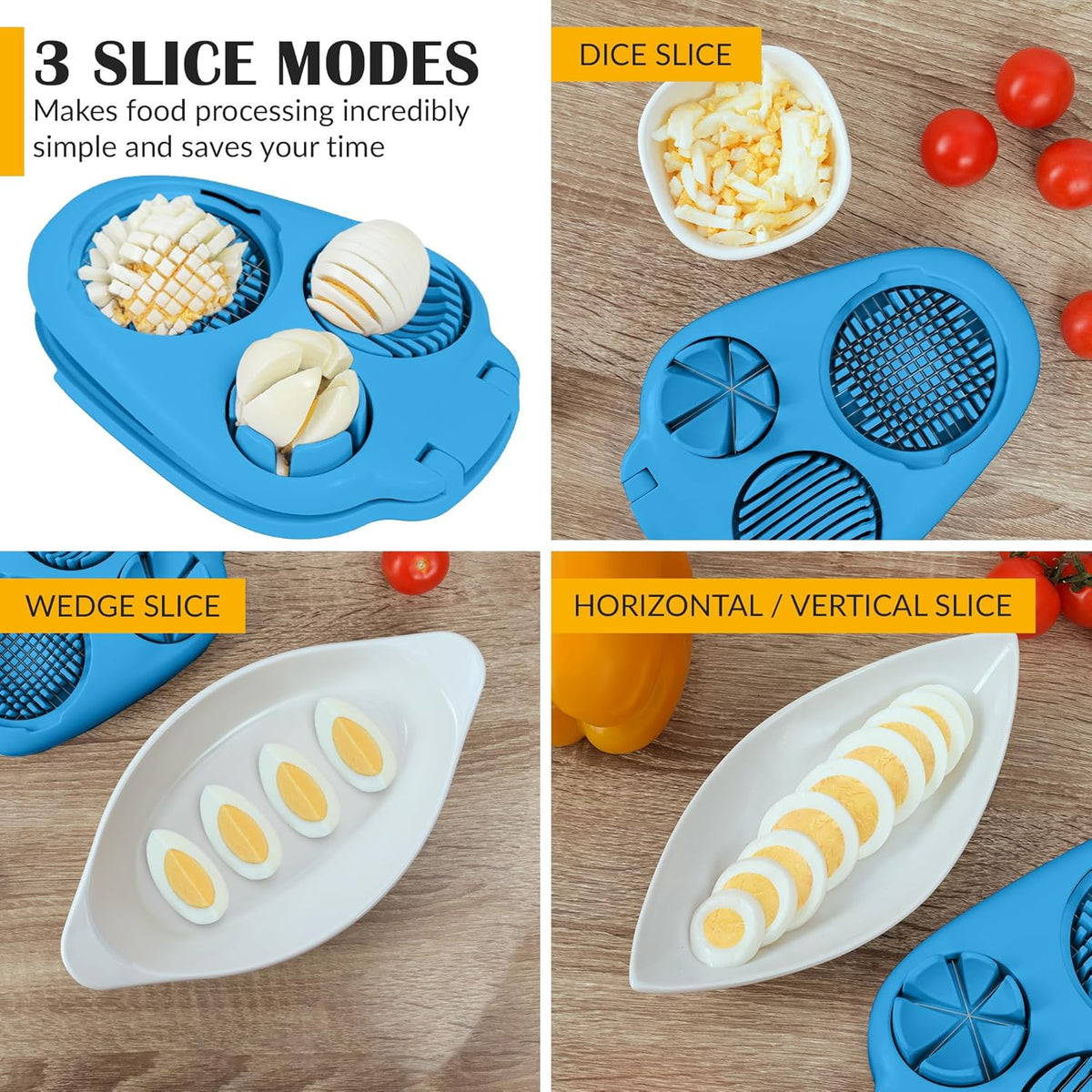 CraftyCrocodile Egg Slicer for Hard Boiled Eggs - 3 Slice Modes Egg Cutter, Heavy Duty, Stainless Steel Dicer - Kitchen Chopper Tool for Strawberry, Mushroom, Grape, Cherry Tomato - Blue