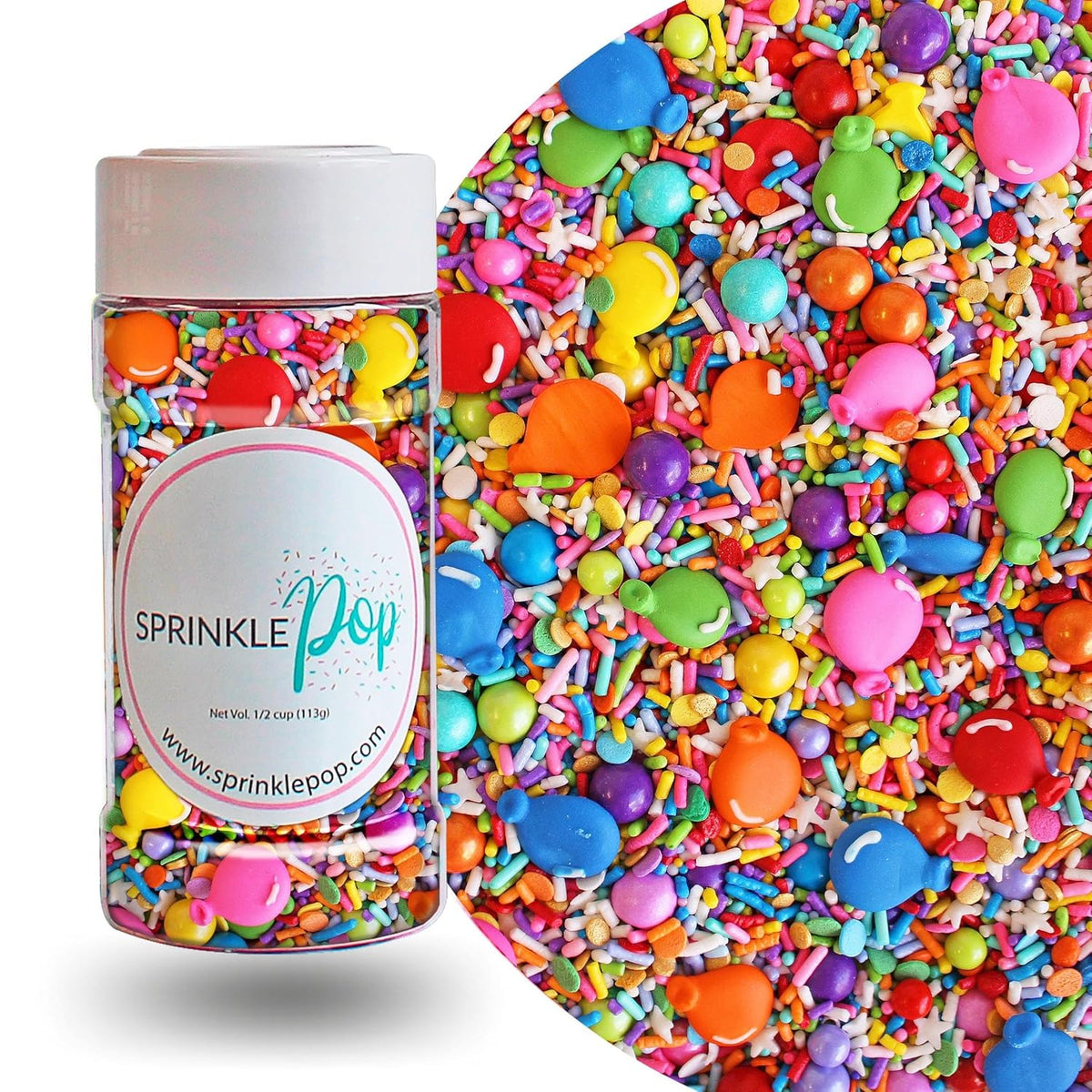 Sprinkle Pop Rainbow Birthday Sprinkle Mix| Red Orange Yellow Iridescent Rainbow Sprinkles with ~12 Royal Icing Balloons| Decorating Sprinkles Made in USA for Girl Boy Cakes Cupcakes Cookie Donut, 4oz