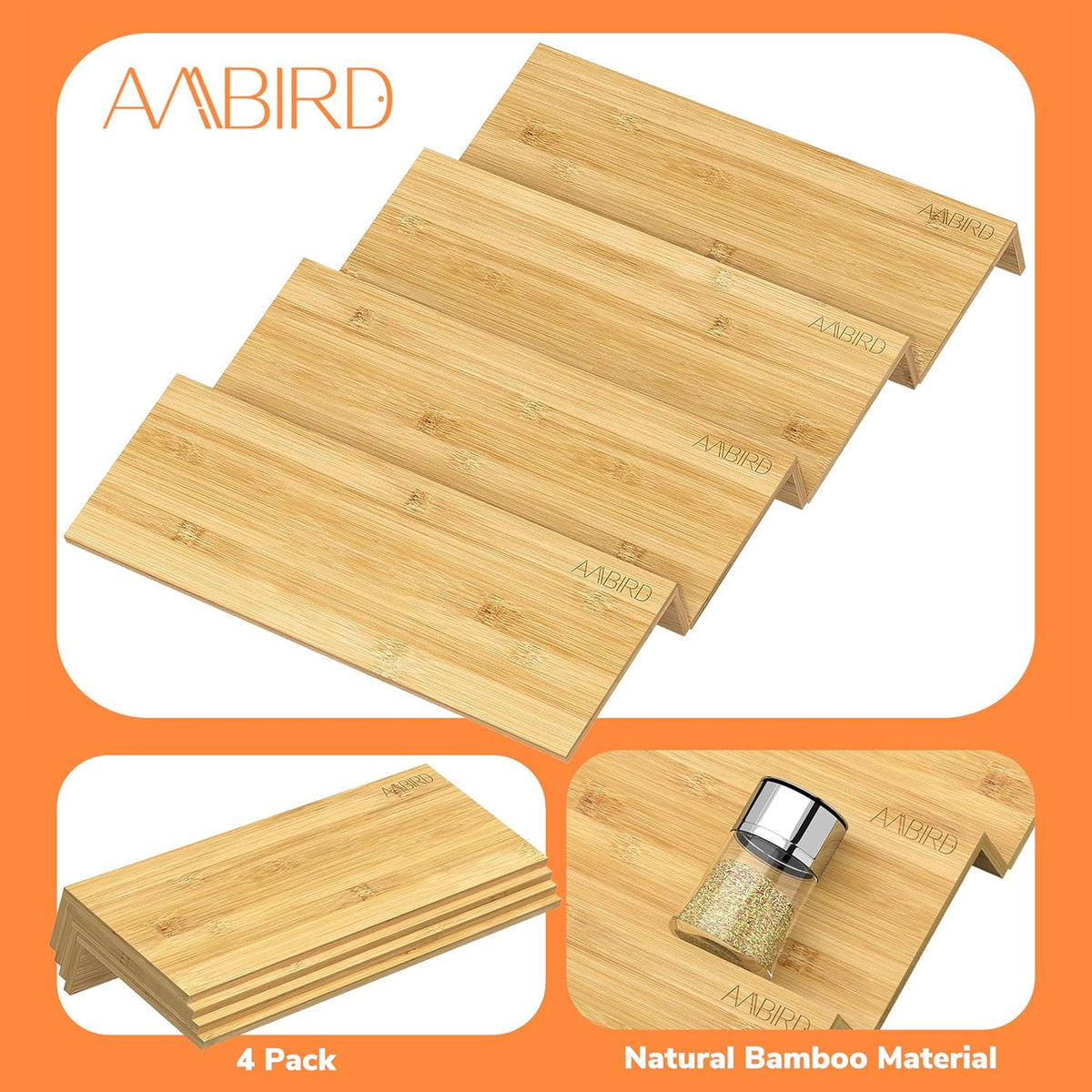 AMBIRD Bamboo Spice Drawer Organizer with Non-slip Mat, 4 Tier Jar Spice Rack Tray 13'',Seasoning Organizer for Kitchen,Cabinet,Drawers,Countertop