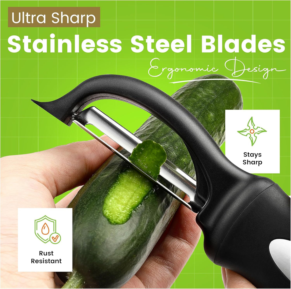 Spring Chef Stainless Steel Swivel, Y & Julienne Vegetable Peelers for Kitchen, Potato Peelers with Soft Grip Handles, Kitchen Utensils Set of 3 for Fruits, Veggies, Apple, Carrot, Cucumber - Black