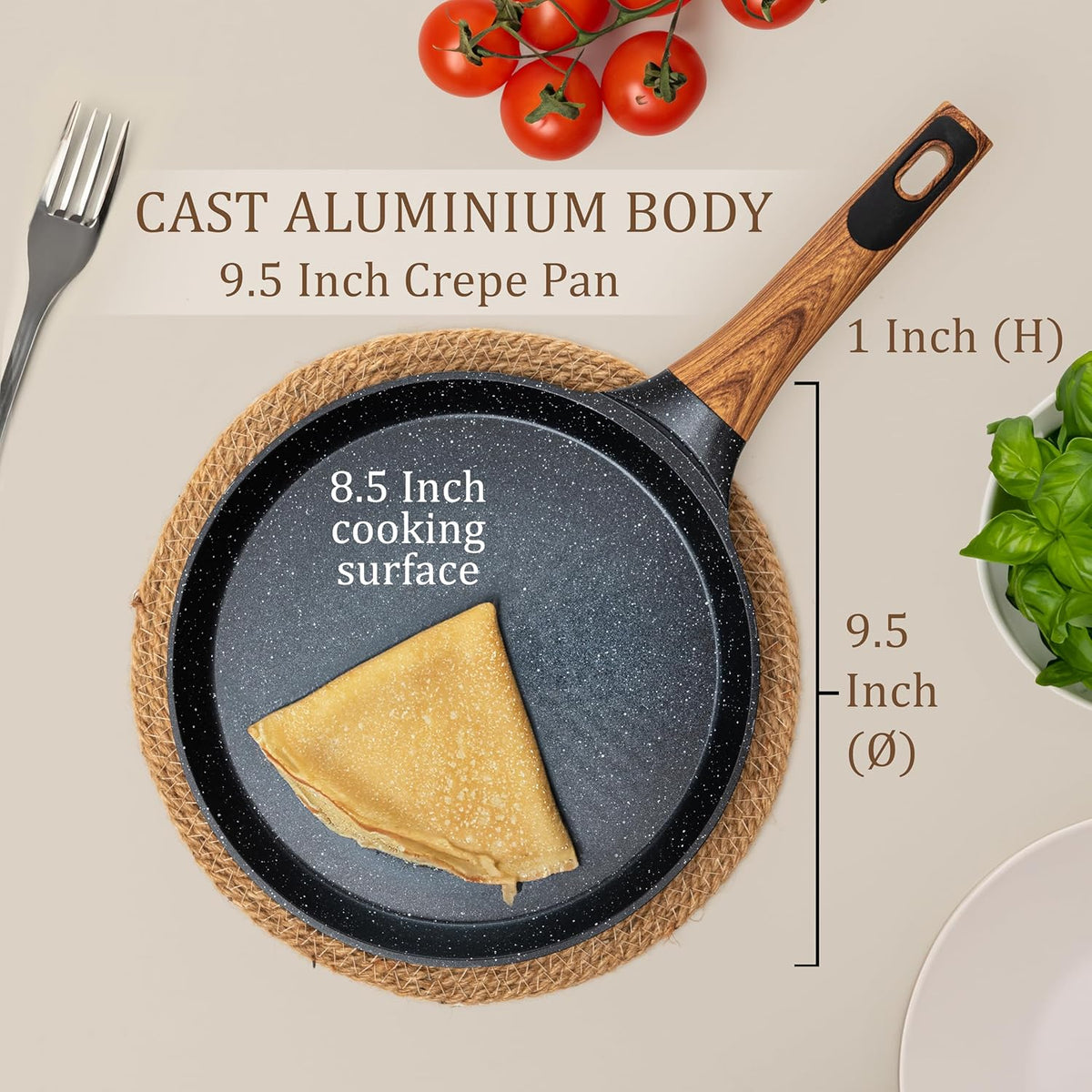 Moss & Stone 9.5 Inch Nonstick Crepe Pan with Spreader, Dosa Pan for Roti Dosa Tawa Comal Para Tortillas, Ceramic Flat Skillet Pan Induction Compatible, Pancake Pan for Stove Top - Black