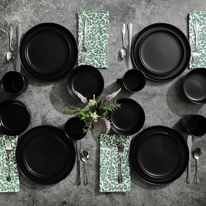 Gibson Home Zuma Stoneware Plates, Bowls, & Mugs Dinnerware Set - Matte Black, Service for Four (16pcs)