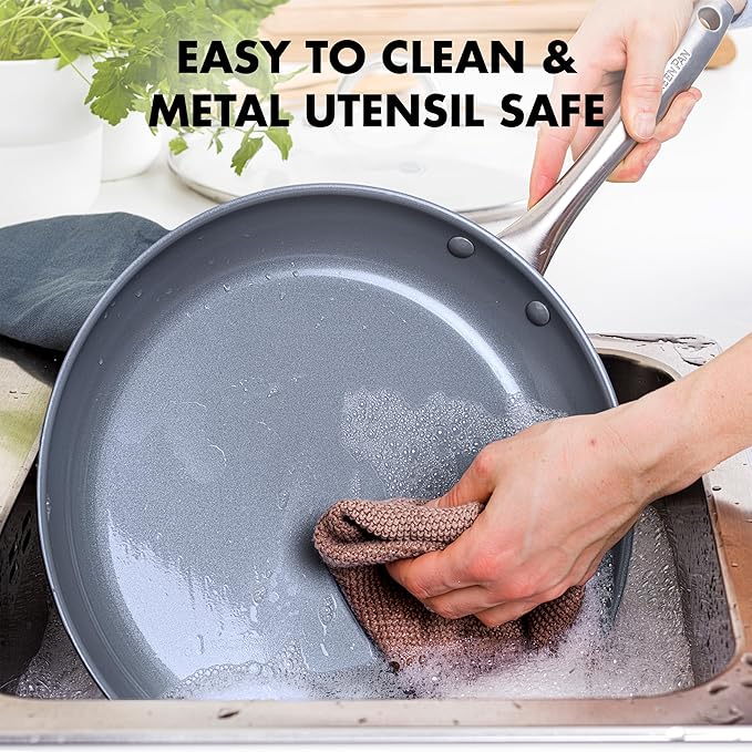 GreenPan Lima Hard Anodized 8" 10" & 12" Frying Pan Skillet Set, Ceramic Nonstick, PFAS-Free Nontoxic Pots & Pans, Oven & Broiler Safe, Stainless Steel Handles, Cookware for Eggs & Omelet, Gray