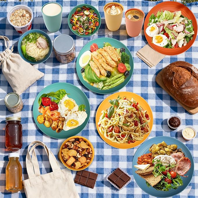 Wheat Straw Dinnerware Sets, 20 PCS Service for 4, Dishwasher & Microwave Safe Kids Plates and Bowls Sets, Unbreakable Lightweight Outdoor Camping Dishes - Multicolor