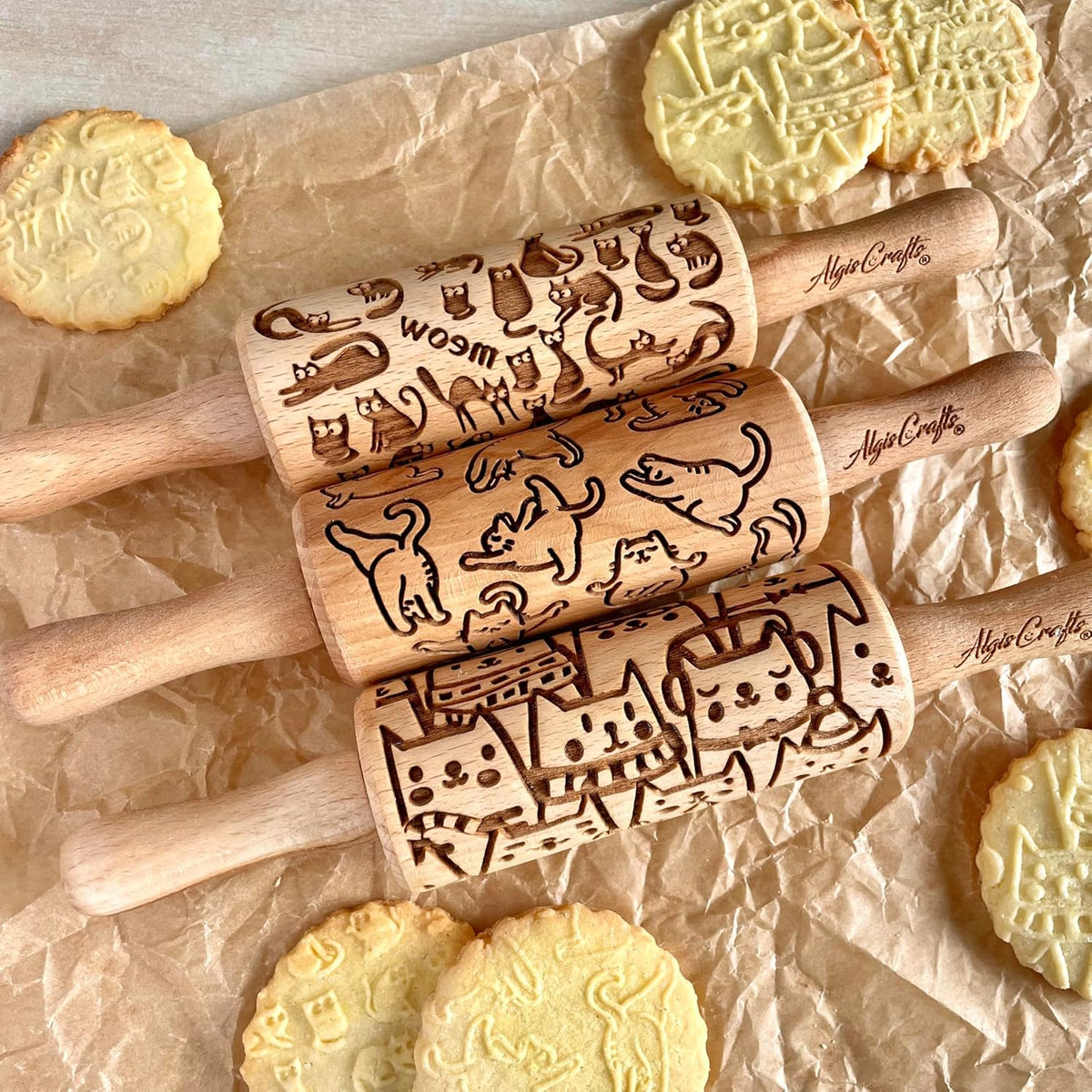 CATS 3 Mini Embossed Rolling Pin Set – Wooden Laser-Engraved Textured Rolling Pins for Cookies, Modeling Clay, Ceramics – Various Cat Patterns by Algis Crafts