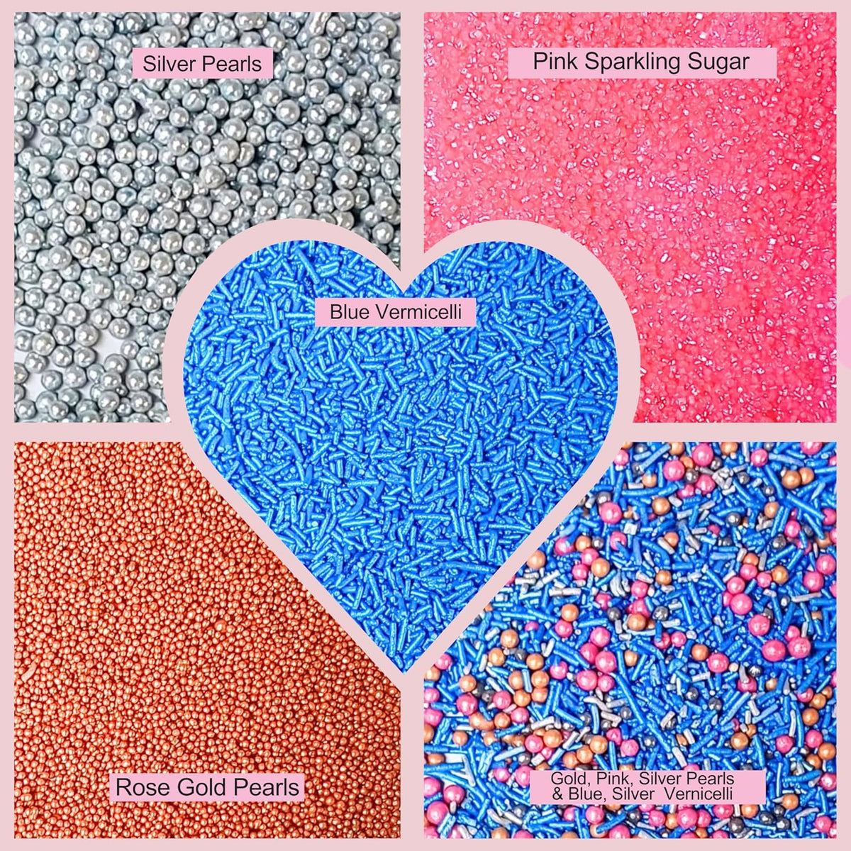 Confect Game Night Sprinkles – Mix with Copper & Silver Dragees, Bright Blue Jimmies, Rose Gold & Pink Sparkling Sugar | Vegan, Gluten-Free, Nut-Free, Soy-Free, Dairy-Free Cake & Cupcake Decorating Topping - 5oz