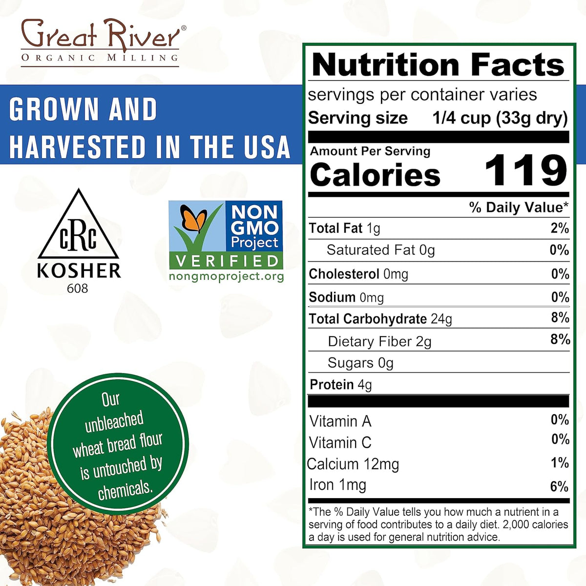 Great River Organic Milling Organic Unbleached Wheat Bread Flour | Artisan Bread Flour for Baking | Multi-Purpose Wheat, Unbromated, Non-GMO, Kosher | 25 Lb (Pack Of 1)