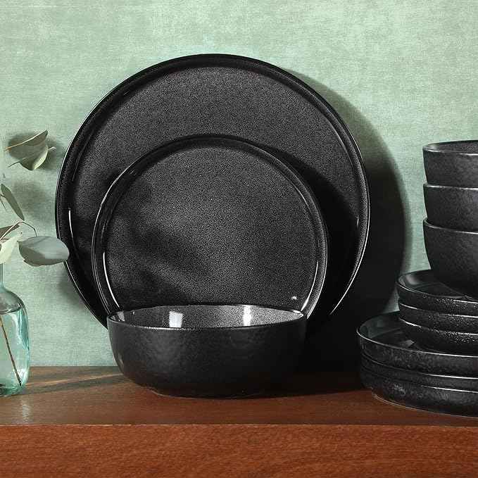 Gibson Elite Tahoe Sunset 12 Piece Stoneware Reactive Glaze (Service for 4) Ceramic Plates and Bowls Dinnerware Set - Black
