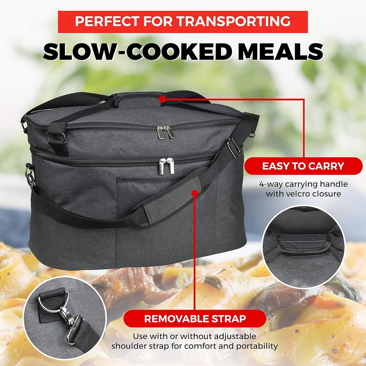 Slow Cooker Bag Slow Cooker Carrier Travel Bag for 6-8 Quart Pots Locking Travel Bag with Secure Zip & Accessory Pocket Insulated Carrier, Pot Holder Carrying Bags with Easy to Clean Inner Lining