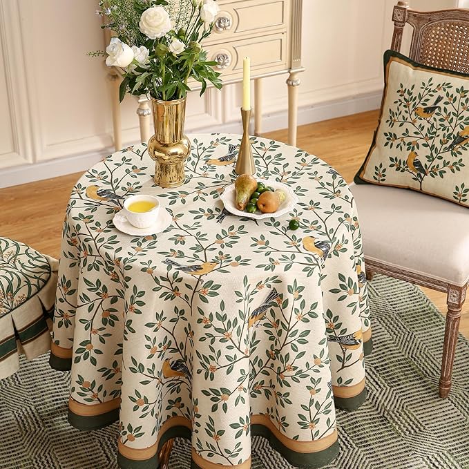 patdrea Designer Vintage Linen Round Table Cloth,Durable Breathable Cover Fall Dacorative Tablecloth,Decor Table Cover for Kitchen Dining,Holiday Christmas,Thanksgiving,Diameter 67"-Warbler