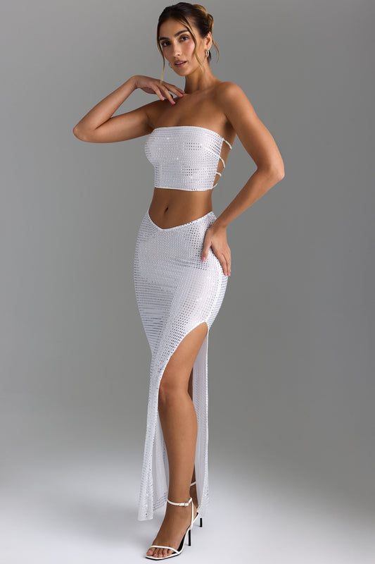 Embellished V-Waist Thigh-Split Maxi Skirt in White