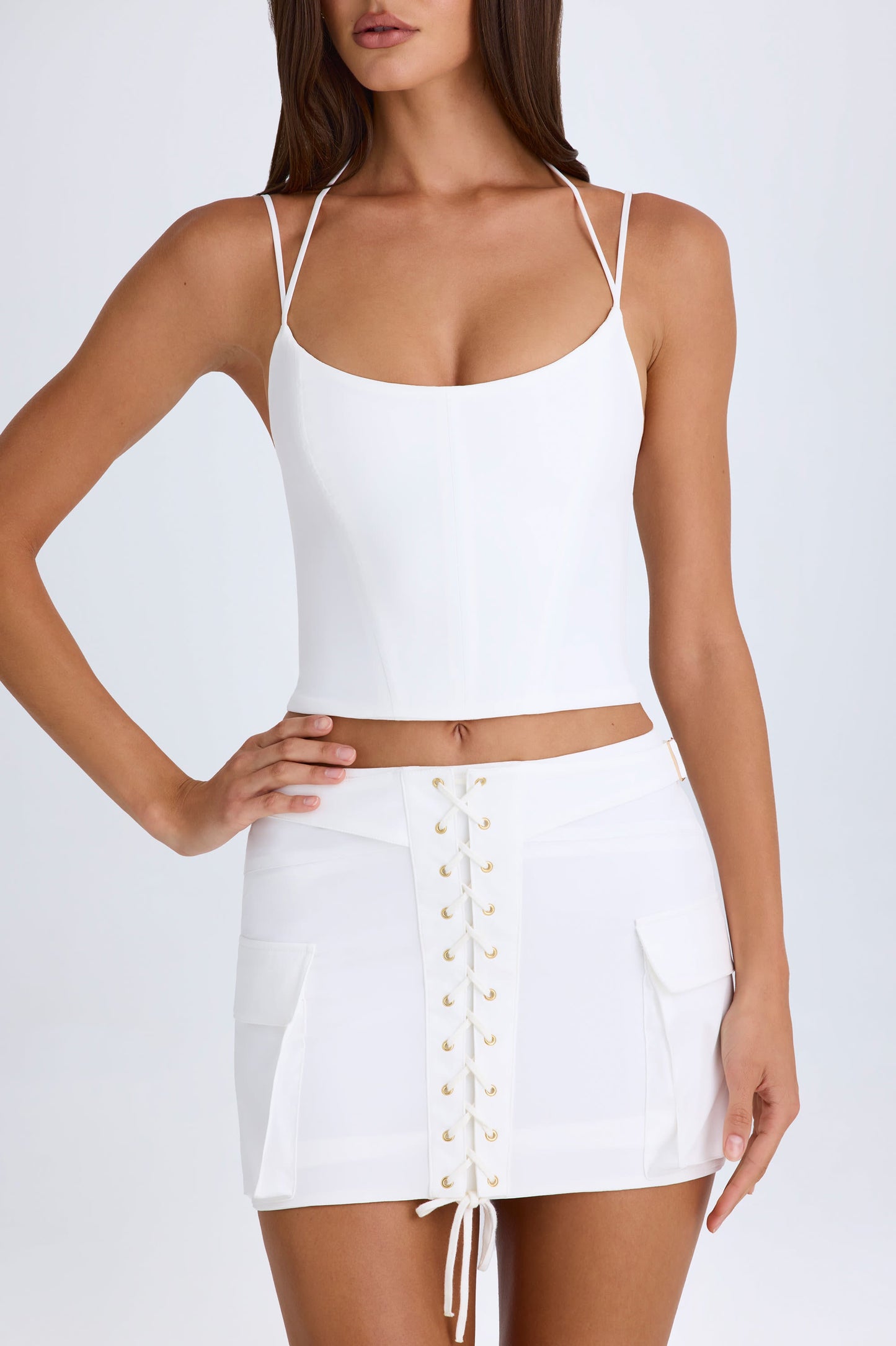 Lace-Up Cargo Micro Mini Skirt in White
