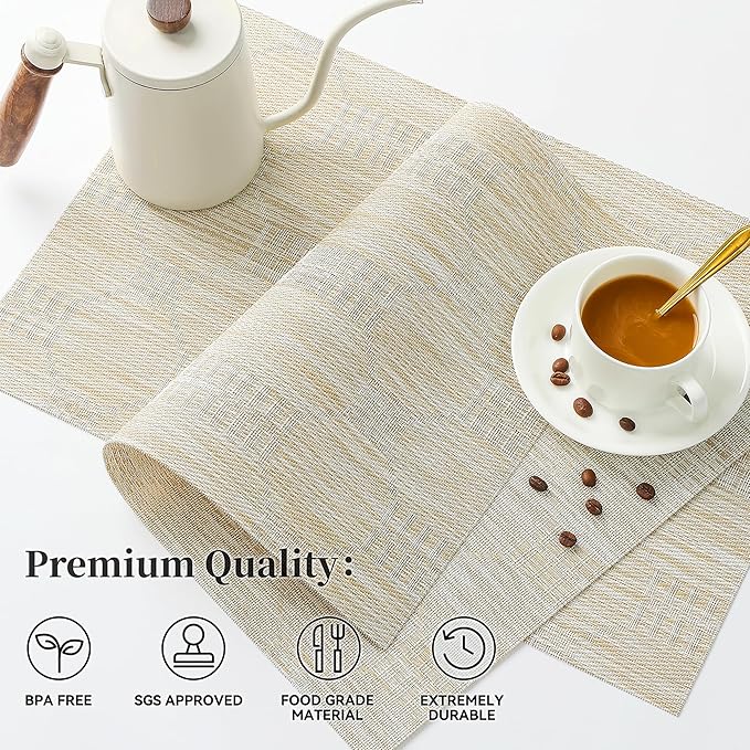 Leetaltree Wheat Placemats Set of 6 - Heat Resistant Non-Slip Place mats for Dining Table, Washable Durable PVC Vinyl Woven Table Mats（Wheat, 6）