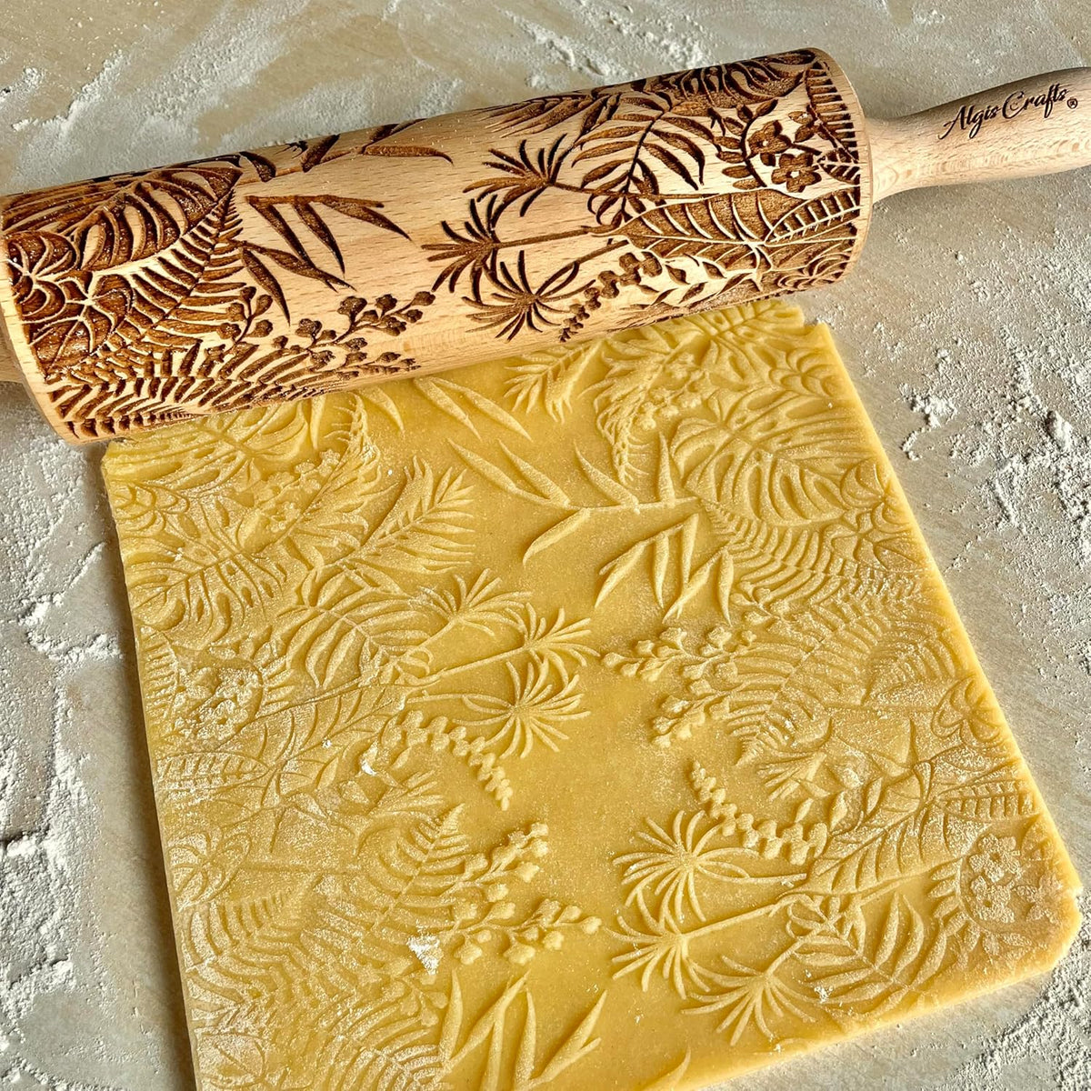 JUNGLE embossing rolling pin with Tropical Pattern. Dough roller for embossed cookies and Pottery by Algis Crafts