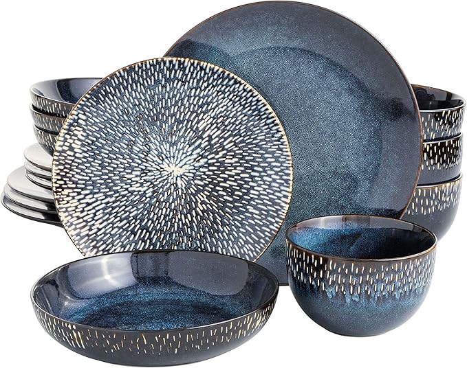 Gibson Elite Matisse 16-Piece Dinnerware Set – Double Bowl Reactive Glaze Stoneware in Blue – Plates and Bowls for 4, Microwave & Dishwasher Safe, Rustic Modern Design