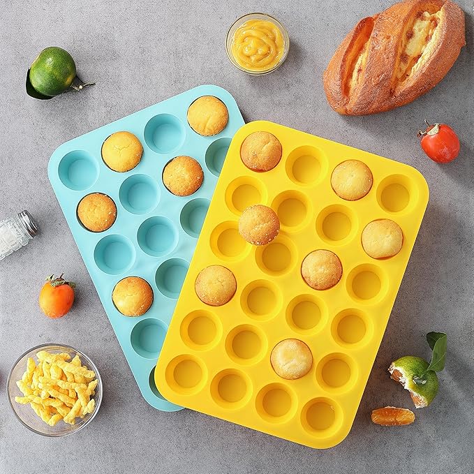 VRUIFA 2PCS Silicone Mini Muffin Pan, 24 Cups Nonstick Mini Cupcake Pan for Baking, BPA Free and Dishwasher Safe, Great for Making Muffin Cakes, Tart, Bread and Egg Bites