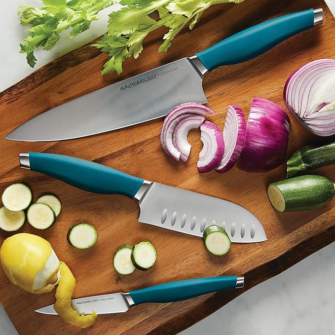Rachael Ray Cutlery Japanese Stainless Steel Knives Set with Sheaths, 8-Inch Chef Knife, 5-Inch Santoku Knife, and 3.5-Inch Paring Knife, Teal