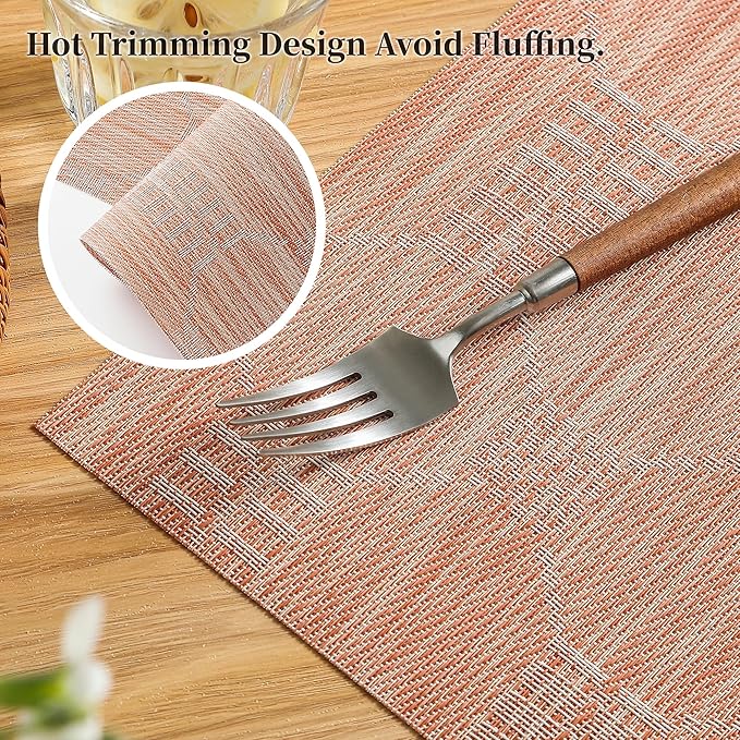Leetaltree Coral Placemats Set of 4 - Heat Resistant Non-Slip Place mats for Dining Table, Washable Durable PVC Vinyl Woven Table Mats（Coral, 4）