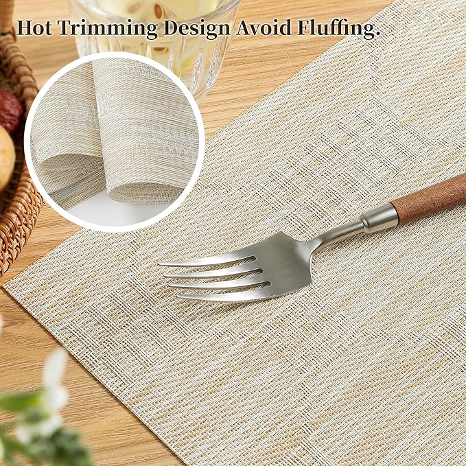 Leetaltree Wheat Placemats Set of 12 - Heat Resistant Non-Slip Place mats for Dining Table, Washable Durable PVC Vinyl Woven Table Mats（Wheat, 12）