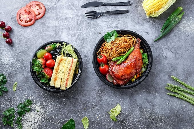 Glotoch Express 16oz Black Plastic Round Meal Prep Containers, 150 Pack Reusable Microwave Freezer Dishwasher Safe