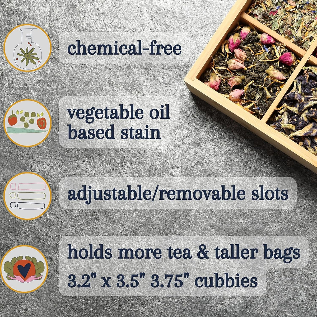 Bamboo Tea Organizer Box Chemical Free Eco-Friendly Big, Tall, Adjustable Cubbies Natural Wooden Storage Chest (4-Slot Across 14.3" x 4.4" x 4.2" with Tea Leaf design)