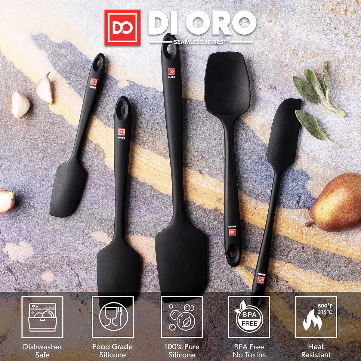 DI ORO Silicone Spatula Set - Rubber Kitchen Spatulas for Baking, Cooking, & Mixing - 600°F Heat-Resistant & BPA Free Silicone Scraper Spatulas for Nonstick Cookware - Dishwasher Safe (5pc, Black)