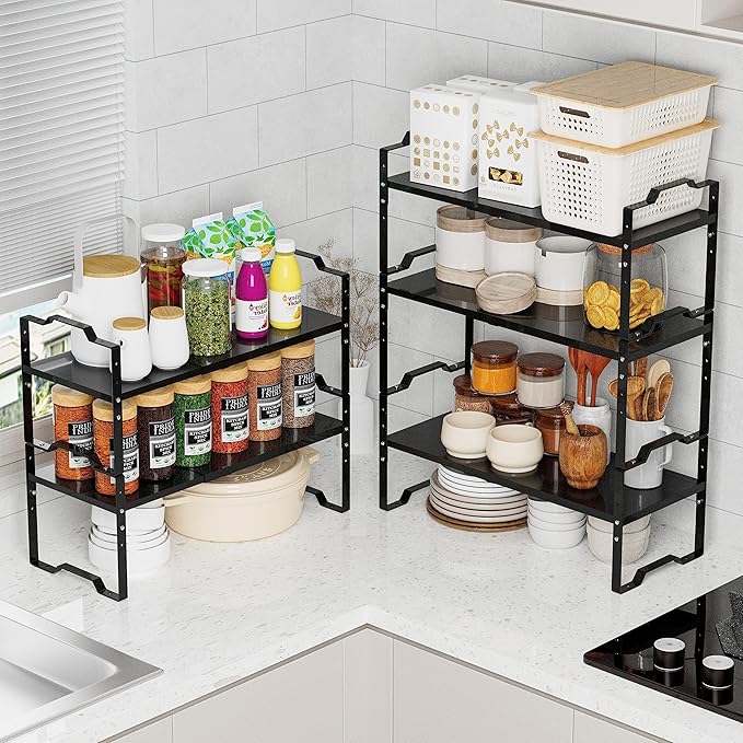 Expandable Shelf for Cabinet Organizer Adjustable Stackable Spice Rack at Kitchen and Bathroom More, Counter Countertop Cupboard Organization Pantry Storage(LARGE/1PACK/BLACK)