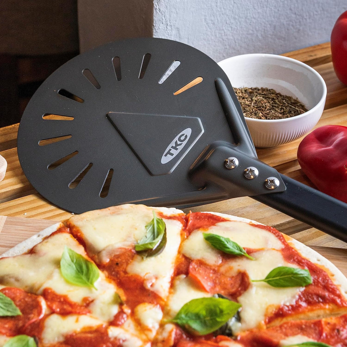 TKC 12", 8" Perforated Pizza Peels - Professional Aluminum Pizza Turning peel - Long Handle Metal Pizza Spatula for Indoor and Outdoor - Lightweight Non-Stick Pizza Turner - Pizza Oven Accessories