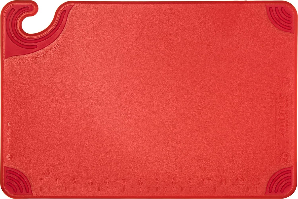 San Jamar Saf-T-Grip Plastic Cutting Board with Safety Hook, 12" x 18" x 0.5", Red