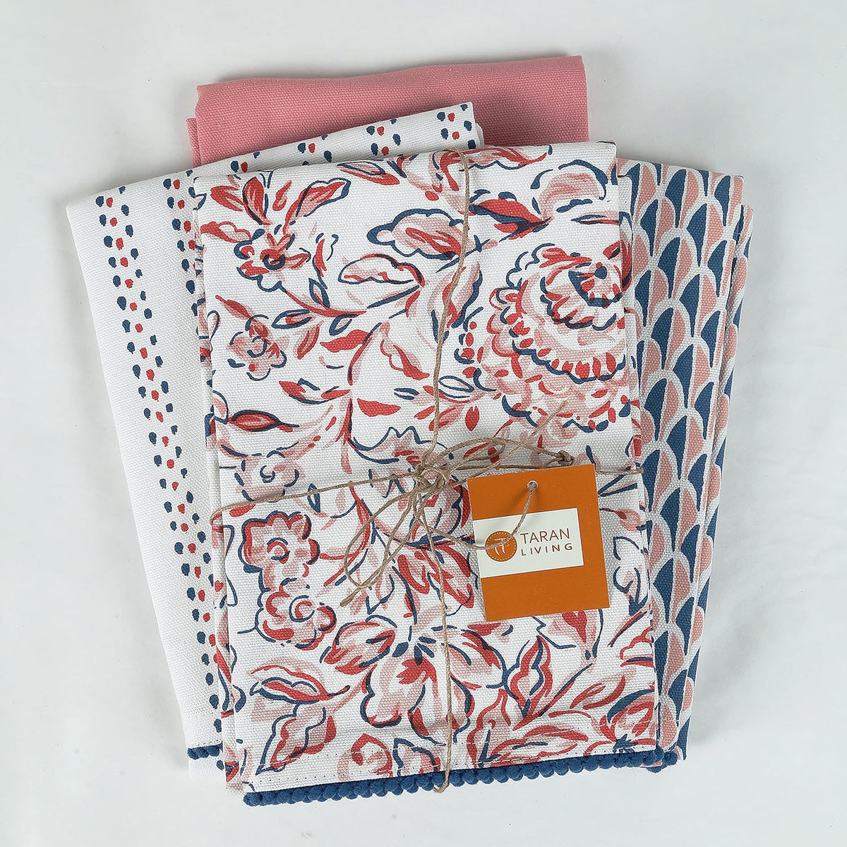Printed Kitchen Dish Bar and Tea Towels Cotton, 18x28 inch with Trims, Cotton Dish Towel Sets (White & Peach, Set of 4)