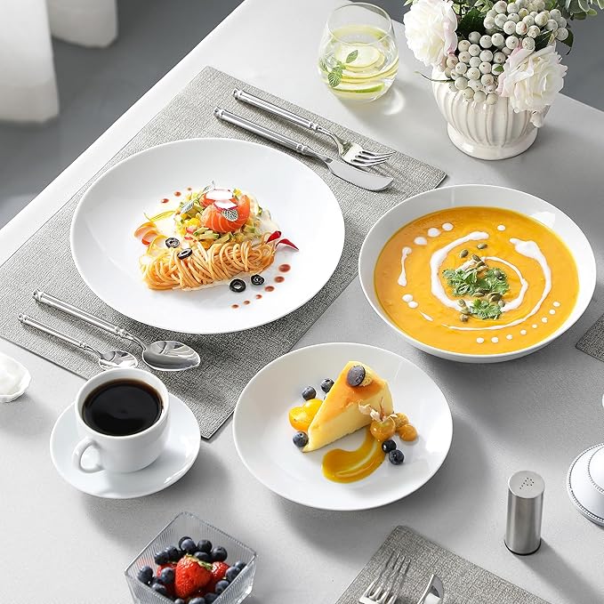 MALACASA 30-Piece Gourmet Porcelain Dinnerware Sets, Modern White Round Dish Set for 6 - Premium Serving Plates and Bowls Sets for Dessert, Salad, Soup, Pasta - Series AMELIA