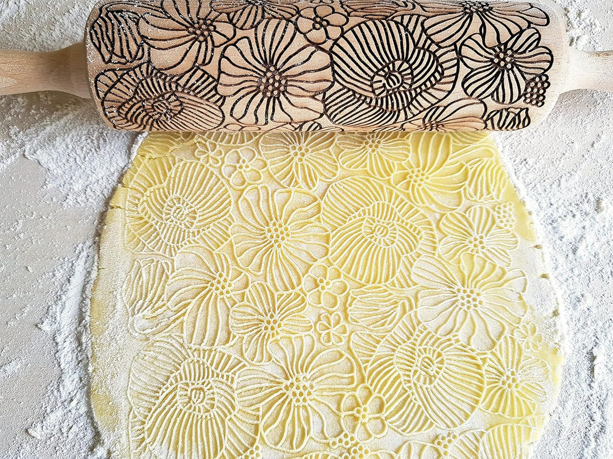 POPPY Embossing Rolling Pin with Wildflower Corn Poppies Pattern. Dough roller for embossed cookies and Pottery by Algis Crafts