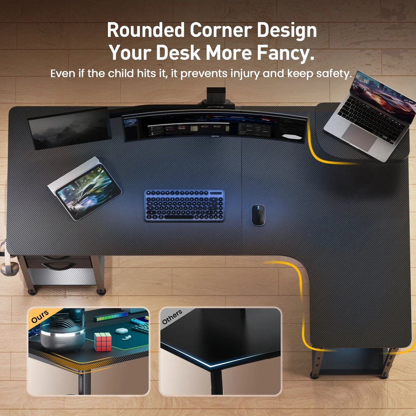 L-Shaped Gaming Desk with Drawers