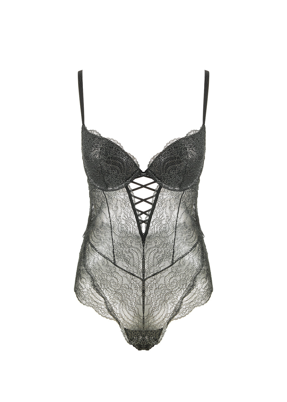 AMBER Plus Sexy Push-up Black Foil Printed Gold Lace Bodysuit