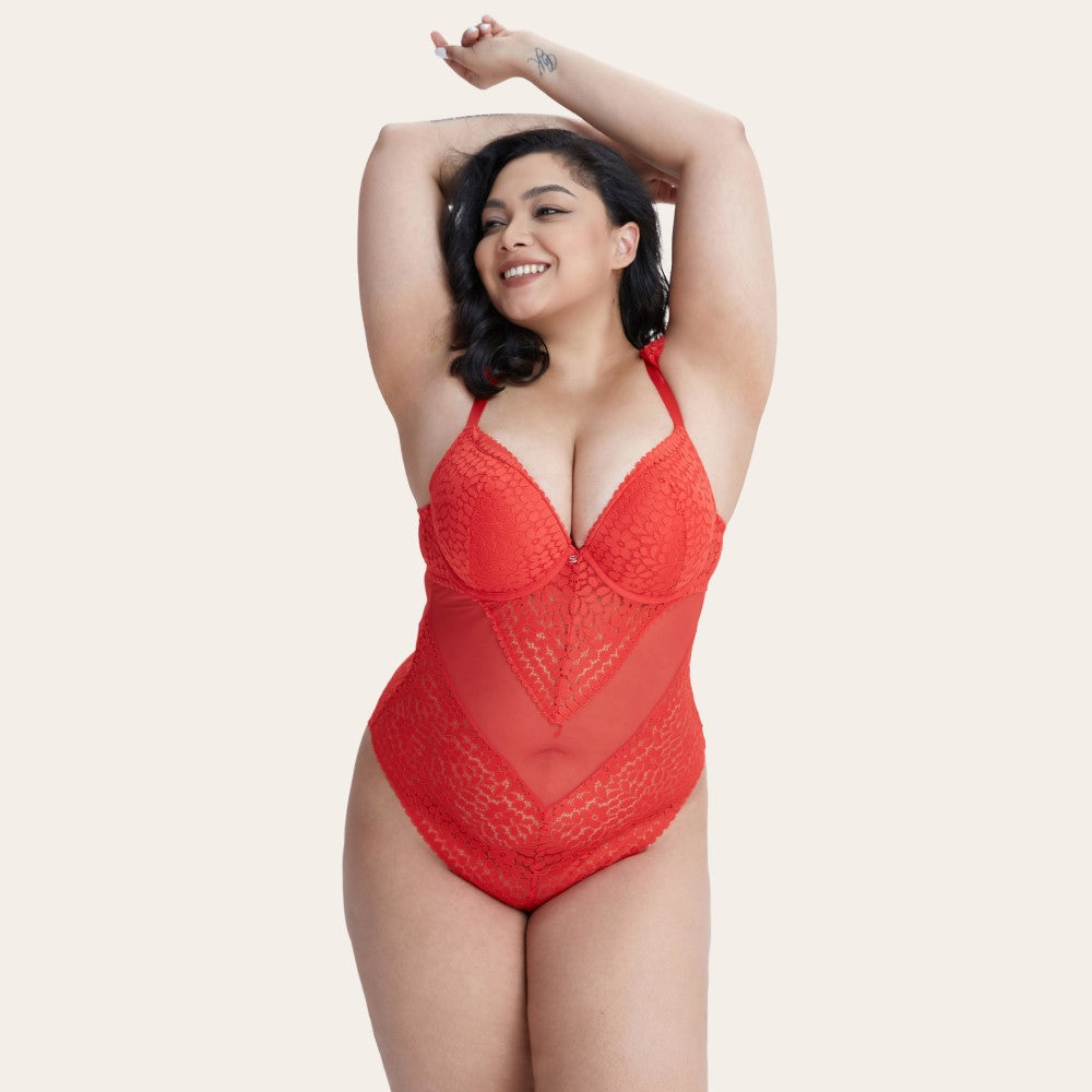 AMINA Plus Lace Push-up Bodysuit Red Sexy Lingerie