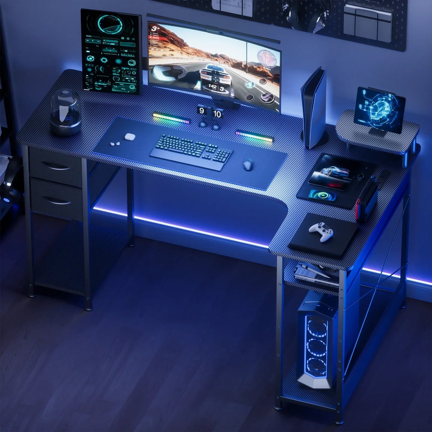 L-Shaped Gaming Desk with Drawers