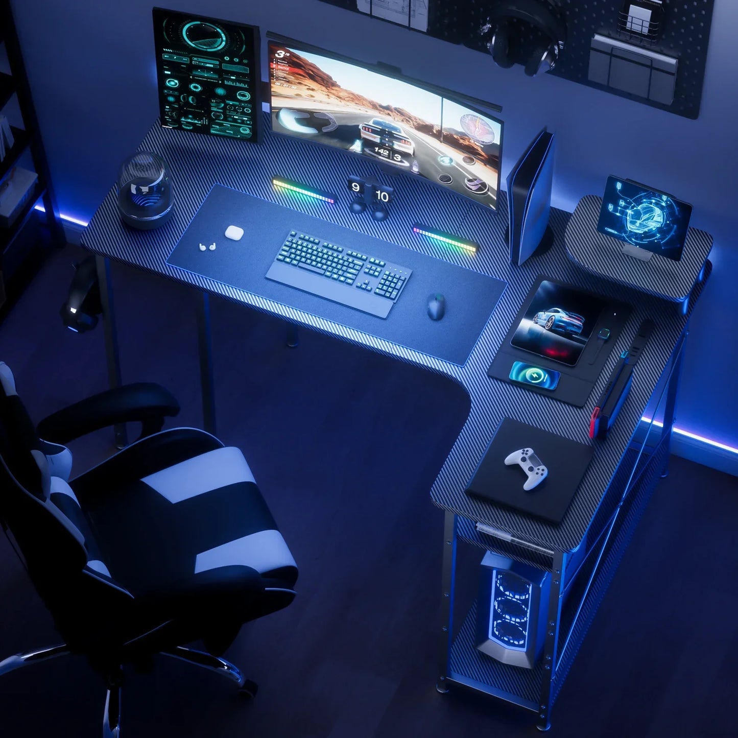 L-Shaped Gaming Desk with Drawers