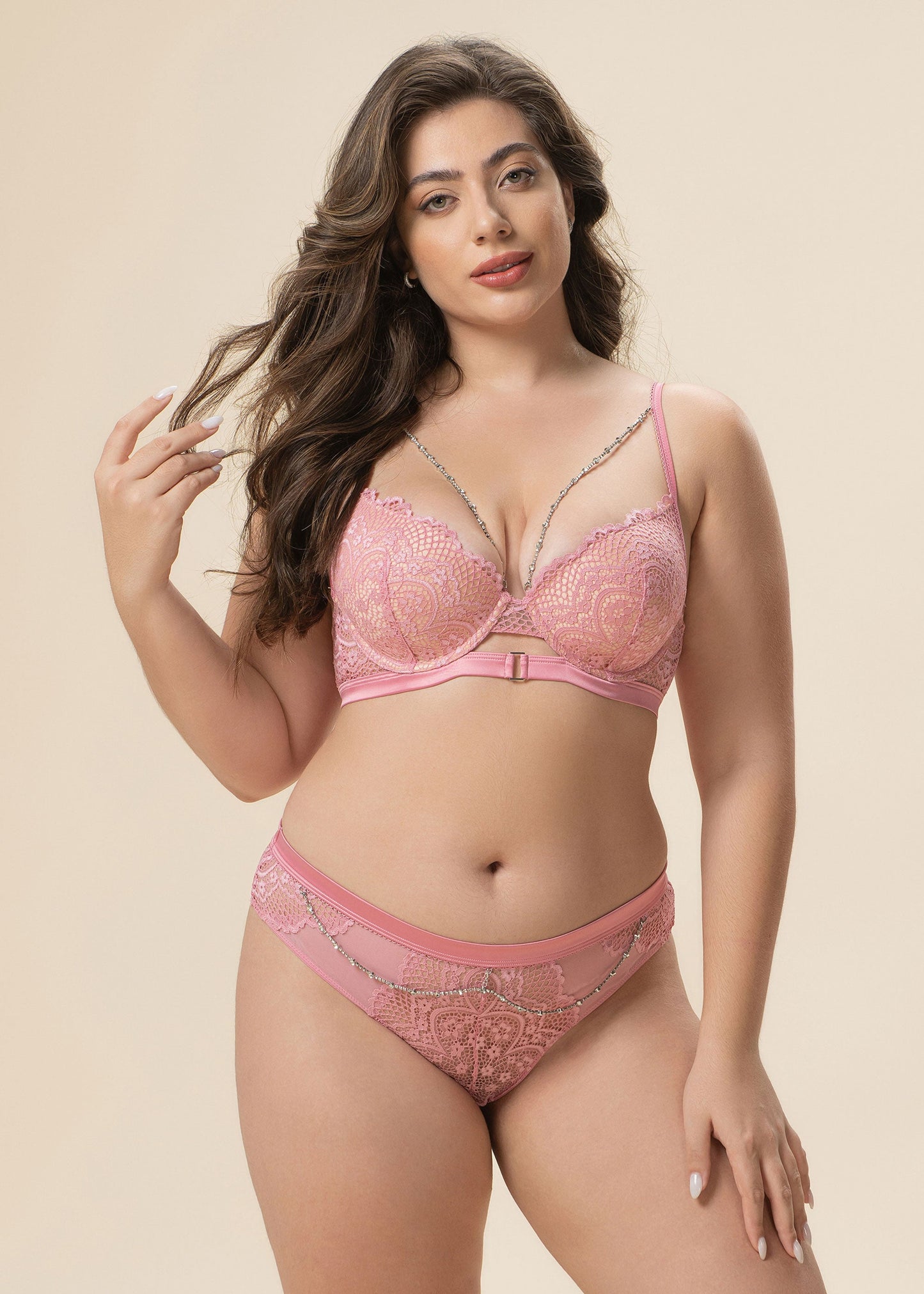 BECKY Plus Sexy Pink Floral Lace Brief Panties with Detachable Diamond Chains