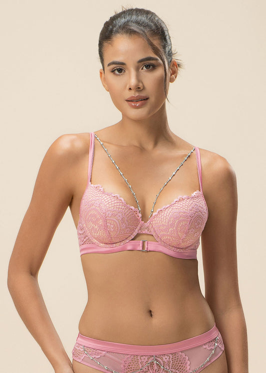 BECKY Pink Floral Lace Underwire Molded Cup Bra with Detachable Diamond Chains