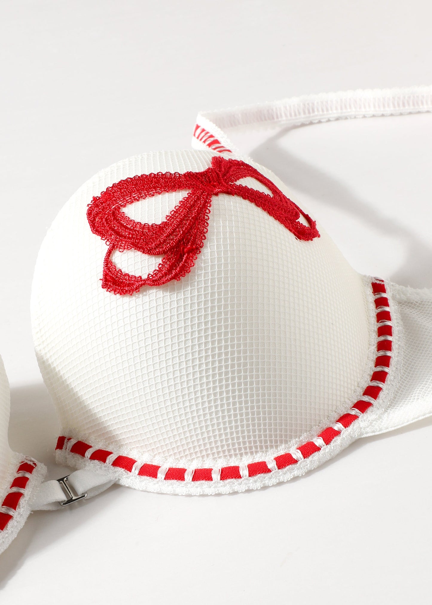 BIANCA White Push-Up Wired Demi Bra With Red Embroidery