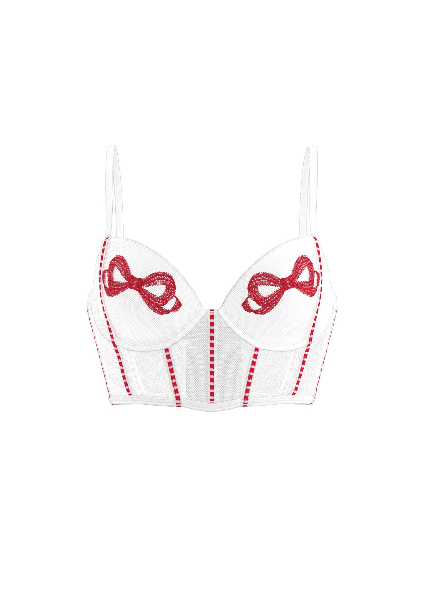 BRIELLE White Wired Demi Corset Bra With Red Embroidery