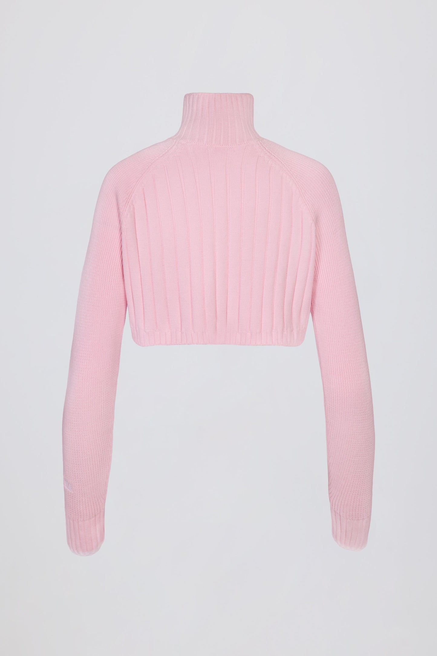 Ribbed Knit Quarter-Zip Cropped Jumper in Powder Pink