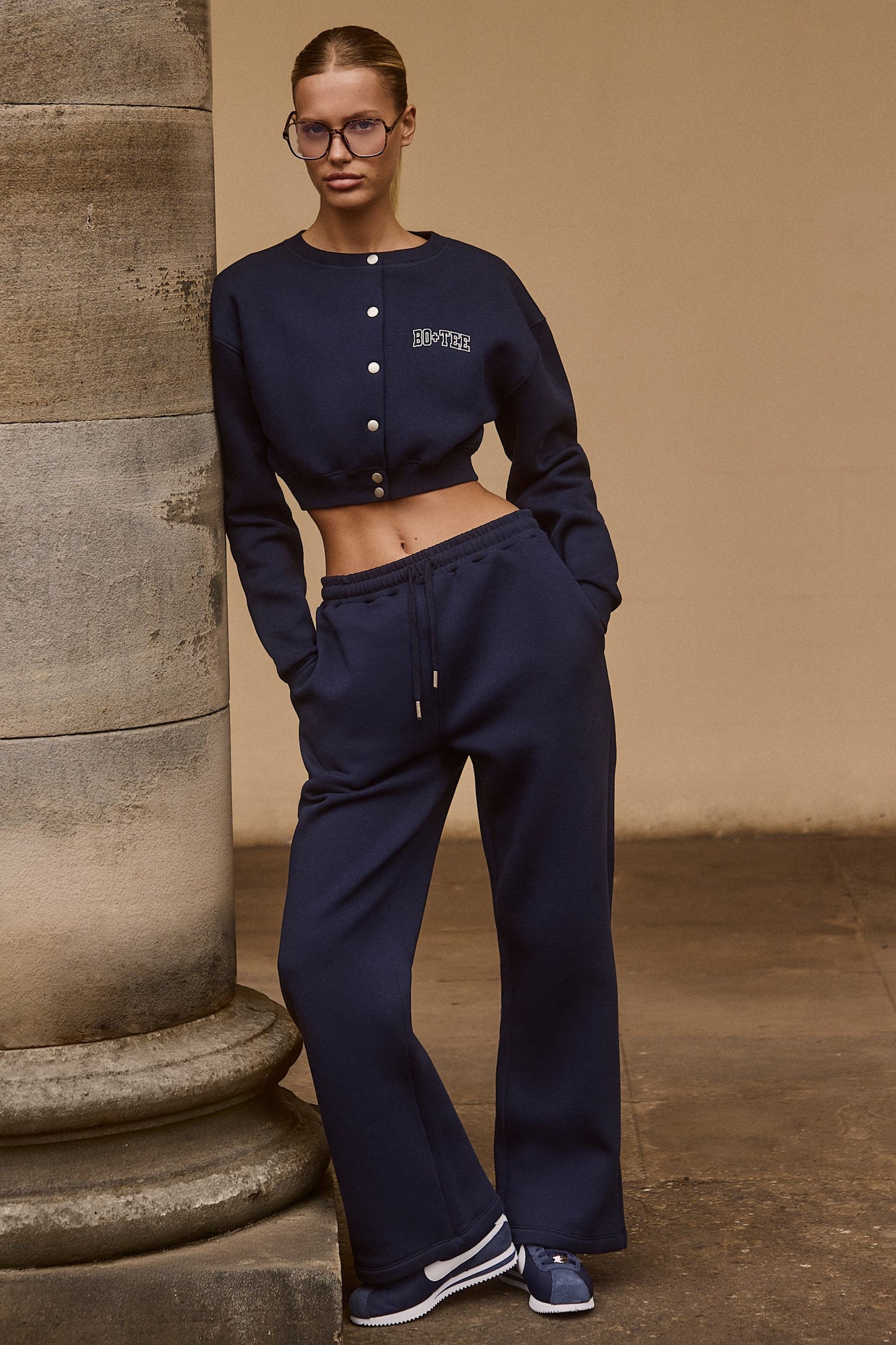 Brushed Jersey Wide-Leg Joggers in Classic Navy