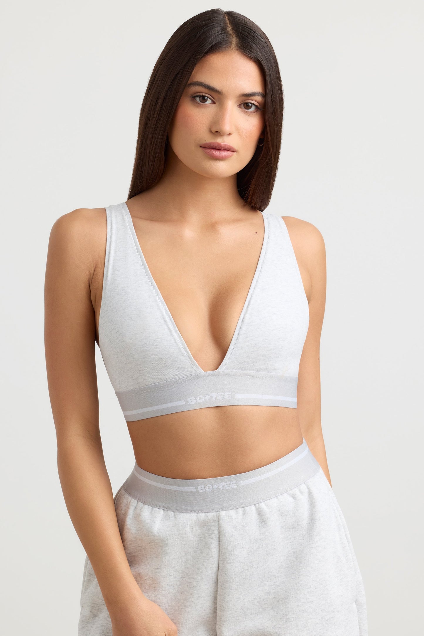 Stretch Cotton Jersey Plunge-Neck Crop Top in Grey Marl