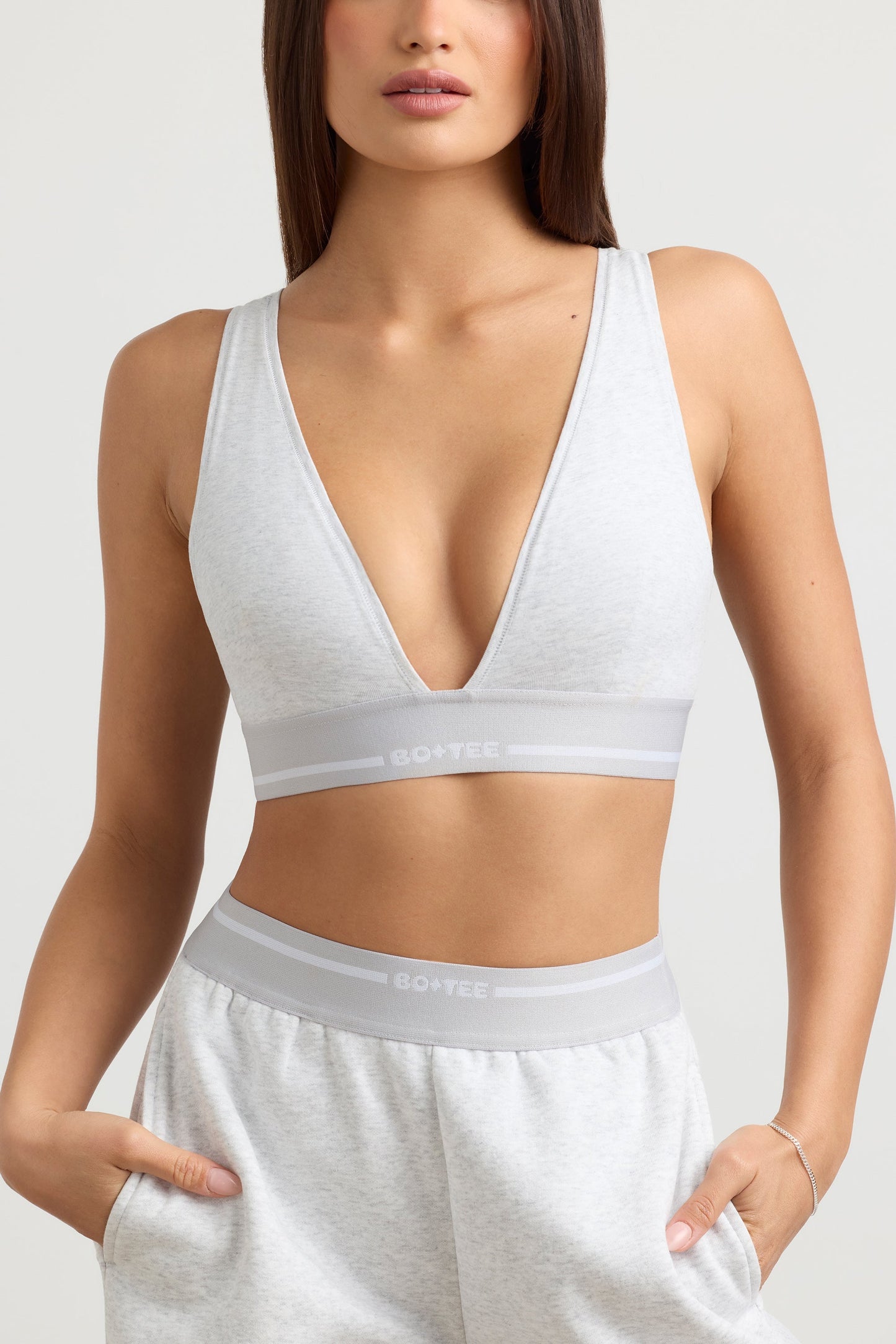 Stretch Cotton Jersey Plunge-Neck Crop Top in Grey Marl