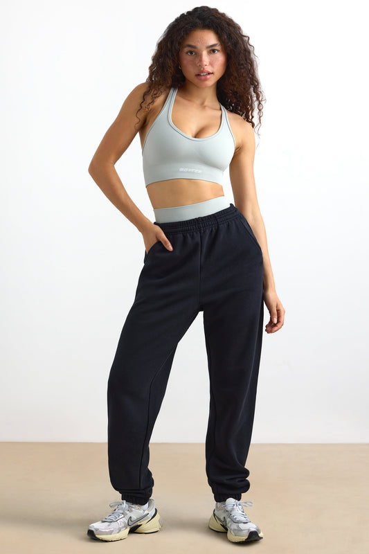 Cotton Fleece Mid-Rise Joggers in Black